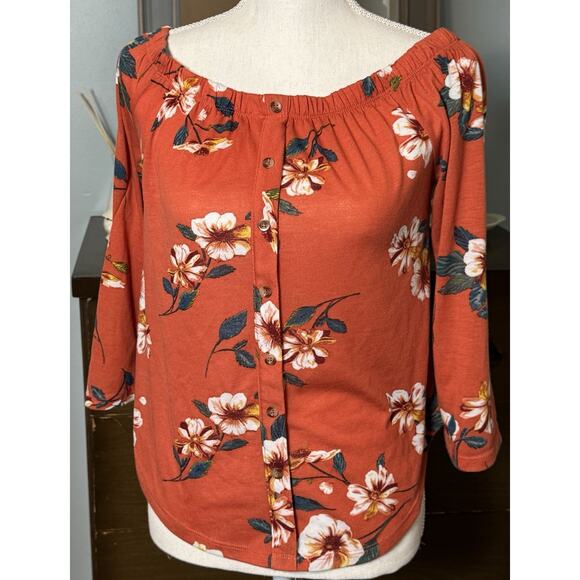 Rue 21 Orange Floral On Or Off Shoulder Top, Faux Button Front, M - Picture 1 of 5